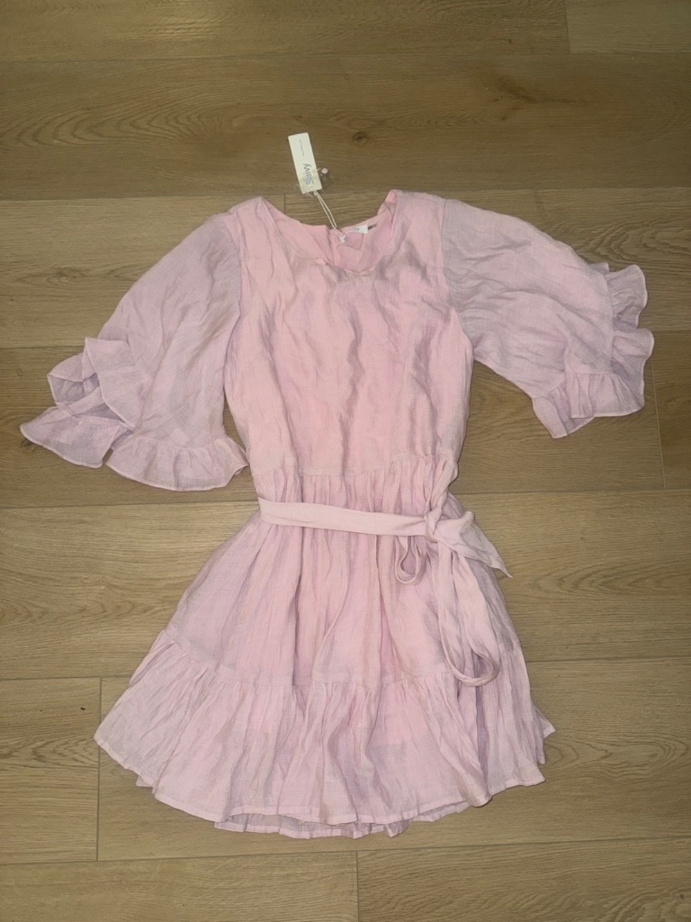 Bluivy Light Pink Ruffle-Sleeve Tie-Waist Dress